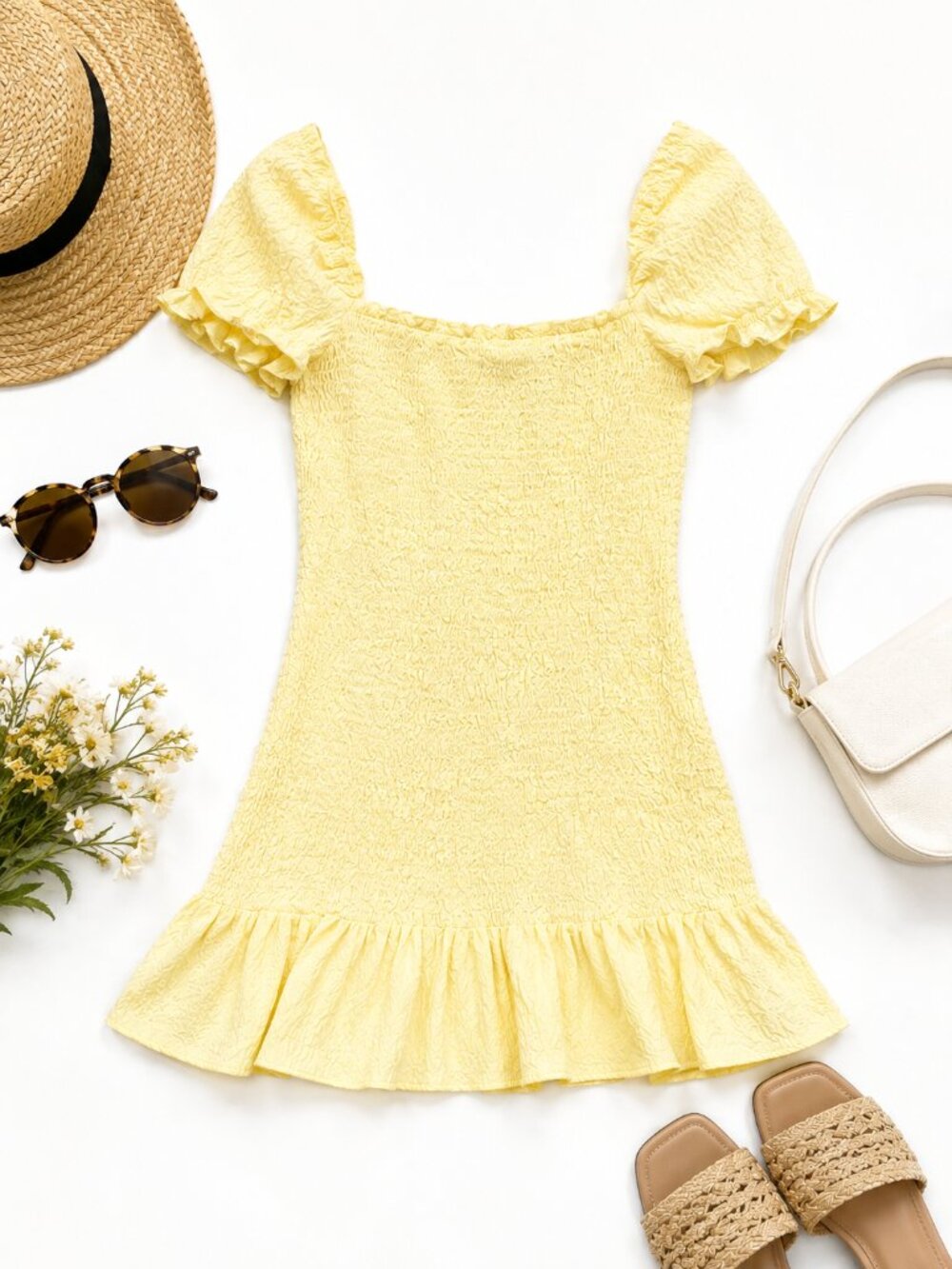 Zara Size Small Yellow Smocked Puff Sleeve Ruffle Mini Dress